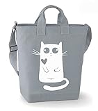 Einkaufstasche mit Katzenmotiv - Shopper - Tasche - Umhängetasche - Strandtasche mit Innenfach - 15l - Motiv: lustig schielende Katze - Farbe: grau