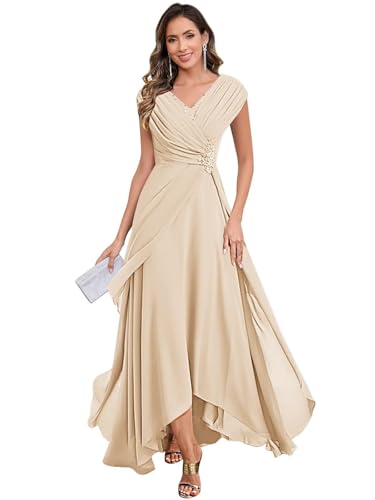 Beaded Mother of The Bride Dresses with Cape Sleeves V Neck Chiffon Pleated Tea Length Formal Evening Gown4