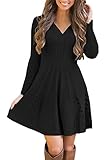 shownicer Robe Décontractée Femme Hiver Robe Pull Taille Haute Col V Élégante Ourlet Évasé Robe Trapèze Robe en Tricot Ajustée Chaude au Genou A Noir XL