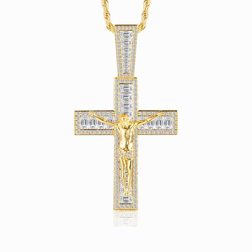 Mens Womens Crucifix Necklace Jesus Cross Chain Iced Out Baguette REAL White Gold/ 18K Gold/Rose Gold Plated Christian Large Pendant (Give 3mm 24inch Gold Plating Rope Chain)