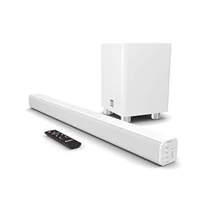 MAJORITY Home Cinema Soundbar for TV with Subwoofer I 3D Theater Surround Sound System with 150W and 2.1 Channel Speakers I Bluetooth, AUX, Optical, and USB with Auto Power Off Function I K2 White
