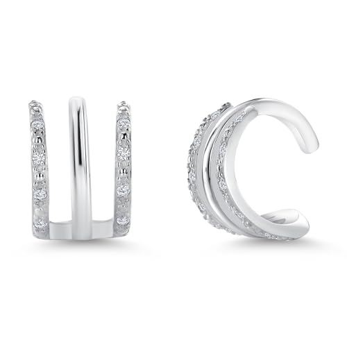 Gem Stone King 925 Sterling Silver White Lab Grown Diamond 3 Row Round Huggie Clip On Ear Cuff Earrings Non-Piercing Fine Jewelry For Women (0.10 Cttw, 10MM=0.40 Inch Diameter)