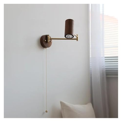 Applique da Parete A LED in Stile Nordico Moderno - Braccio Oscillante in Rame E Legno di Noce, Elegante Complemento D'Arredo per Bagno E Camera da Letto, Lampada D,Pull Chain Switch