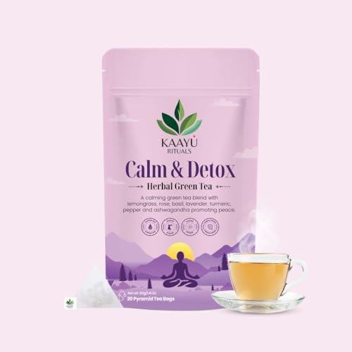 Image of Kaayu Rituals Calm & Detox Herbal Green Tea With Ashwagandha, Lavender & Tulsi | Antioxidant-Rich, Caffeine-Free Stress Relief Relaxation Tea | Promotes Better Sleep | 20 Pyramid Tea Bags (40g)