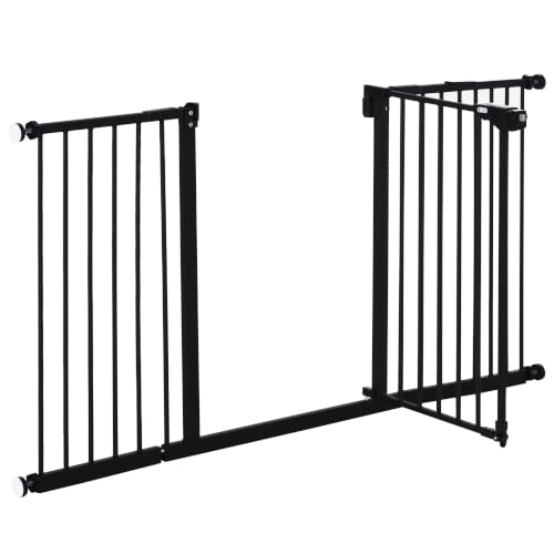 PawHut Türschutzgitter Hunde, Absperrgitter, 74-147,5 cm, Treppenschutzgitter für Haustier, Hundegitter inkl. 3 Verschiedene Verlängerungen, Schutzgitter ohne Bohren, Metall, Kunststoff, Schwarz
