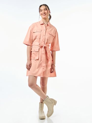 Image of Bewakoof Women's Solid Oversized Fit Half Sleeve Collared Cotton Blend Above The Knee Shirt Dress
