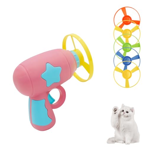 Andiker Cat Fetch Toy Interactive Kitten Flying Disc Launcher Toy with 5 Colorful Flying Propellers for Cat Enrichment Flying Saucer Toy for Cats for Training and Chasing (Pink)