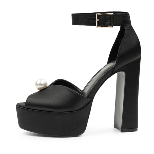 JENN ARDOR Womens Open Toe Pearl Platform Heels for Women Chunky Buckle Ankle Strap Wedding Heeled Sandals Dress Evening Bride Bridal Shoes
