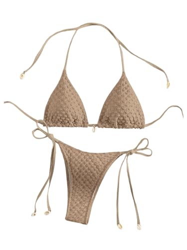 SHENHE Women's 2 Piece Halter Swimsuit Textured Tie Side Triangle Bikini Bathing Suit Shell Decor Khaki Small