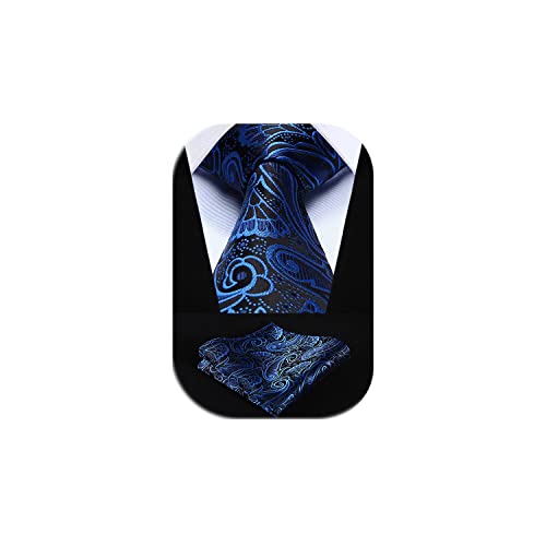 HISDERN Herren Krawatte Blumen Paisley Krawatte & Einstecktuch Set Blau Schwarz