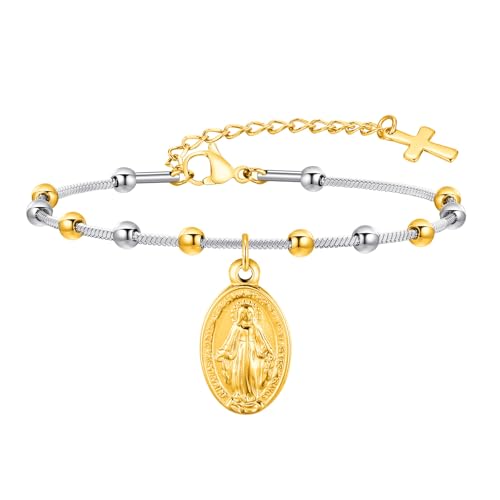 AUOU Pulsera de cuentas de oro rosa, plata y oro con medallón de la Virgen María y pulsera de accesorios de cruz para mujeres y hombres, Piedra