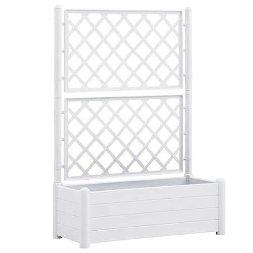 GeoHome Garden Trellis Planter | Plastic Garden Raised Bed with Trellis | Patio Planter Box for Backyard Yard Outdoor Vine Climbing Plants Flowers | White Polypropylene 39.4