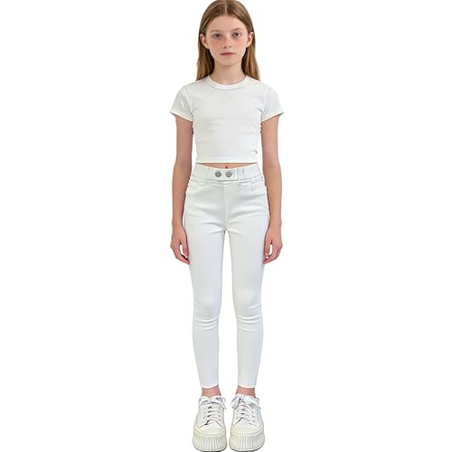 Saxrel White Girls' Spring Slim Denim Pants High-Stretch Skinny-Leg Jeans – Casual School Trousers for Daily & School Wear Kid's Full Length Sportswear Button Denim Joggers 13 Years