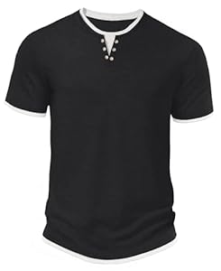 Hisir T-shirt d'été Henley à manches courtes et col rond pour homme - Coupe regular - Hauts décontractés - Couleurs contrastées classiques - Tee shirts, Noir , XL