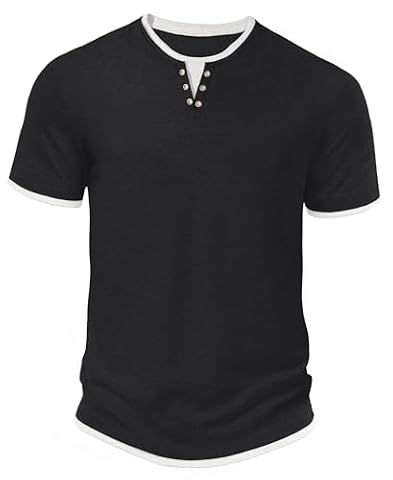 Hisir koszulka męska na lato z krótkim rękawem Henley, regularny krój, okrągły dekolt, casualowe topy, klasyczne koszulki z blokiem kolorów, Czarny, L