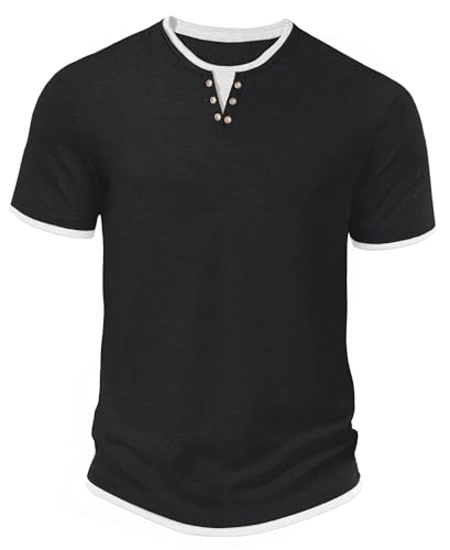Hisir koszulka męska na lato z krótkim rękawem Henley, regularny krój, okrągły dekolt, casualowe topy, klasyczne koszulki z blokiem kolorów, Czarny, L