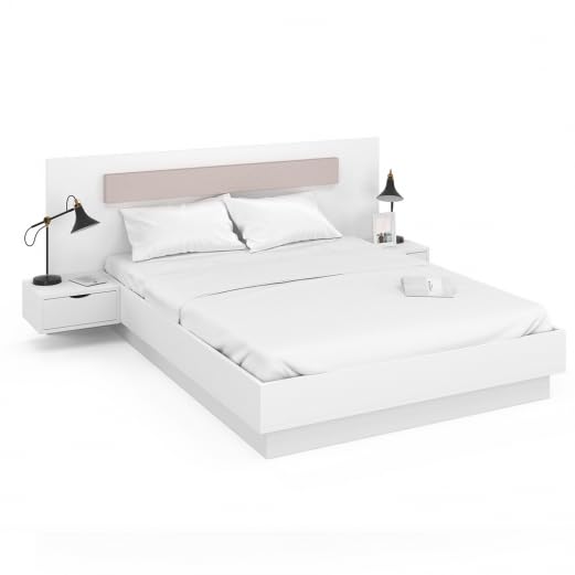 IDMarket - Cama doble Santa con cabecera + mesitas de noche integradas y somier de 140 x 190 cm, color blanco