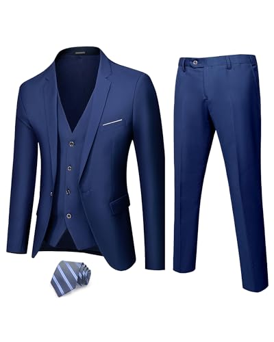 Hihawk Traje de 3 Piezas para Hombre con Tela elástica, Conjunto de Blazer sólido de Ajuste Delgado con un botón, Chaqueta, Chaleco y Pantalones con Corbata., Azul Profundo, XX-Large