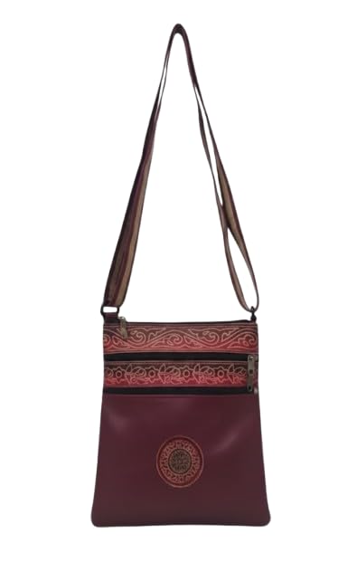 Image of Women Boho Style Burgundy Embroidered Crossbody Bag, Adjustable Strap Sling Purse with Zipper Pockets