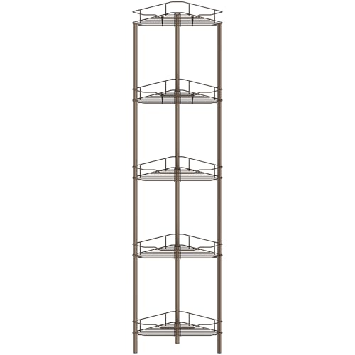 Image of HuggieGems 5 Tier Floor Standing Corner Shower Caddy Organizer Shelf with Hooks, Bathroom Shelves Stand Rack, Bronze