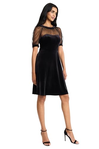 maggy london womens elegant black velvet illusion neck fit flare dress for wedding guest cocktail party