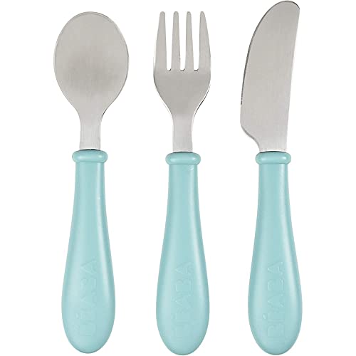 BÉABA, Set de 3 Couverts Enfant d'Apprentissage - Inox - 2ème Âge, Dès 12 mois - Prise en main facile pour Bébé, Airy Green
