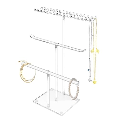 Joyero de 3 niveles, expositor de joyas de 3 capas - Soporte organizador de joyas con barra en T de acrílico transparente, Torre de joyas estéticas para collares, pendientes, pulseras,