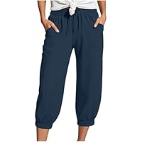 Pantalon en Lin 3/4 Femme été Pantacourt Léger Décontracté Sport Pantalons Fluide Cargo Large Loisirs Longueur Pants Jogging Pantalons Yoga Pilattes Pantalon avec Poches Confortable Pants de Plage