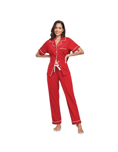 Image of CF Womens 100% Cotton Pajamas Set Button Down Pjs Sets Short Sleeve Top & Long Pants Sleepwear Comfy Loungewear with Pockets