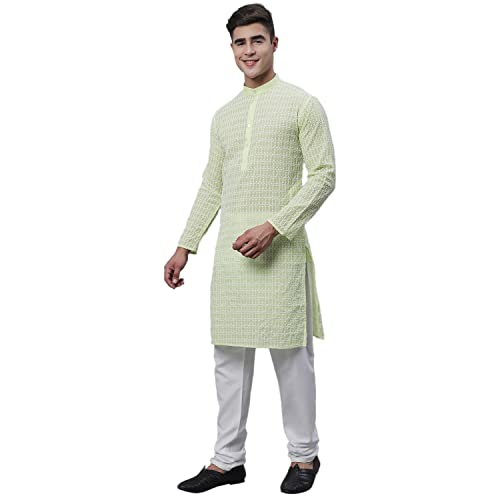 Image of SOJANYA (Since 1958 Men's Pure Cotton Blue Kurta with White Embroidery and White Pyjama Set