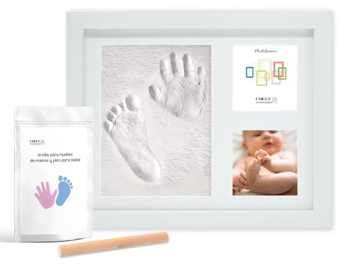 CHELY INTERMARKET | Portafoto huellas bebe recién nacidos MOD. CI-102 (Blanco) con arcilla para manos o pies Regalo para bautizo y recuerdos personalizados de nacimiento Un detalle especial Cover