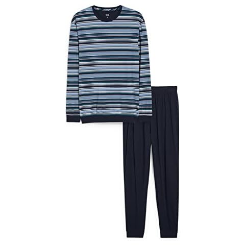 C&A Herren Pyjama Set|2er Pack Regular Fit Streifen Baumwolle dunkelblau XL Cover