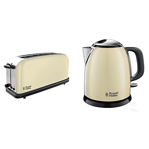 Russell Hobbs Toaster Langschlitz Colours+ creme, extra breite 1 Langschlitzkammer, inkl. Brötchenaufsatz, 1000W, & Mini-Wasserkocher Colours+ creme, 1,0l, 2400W, Schnellkochfunktion