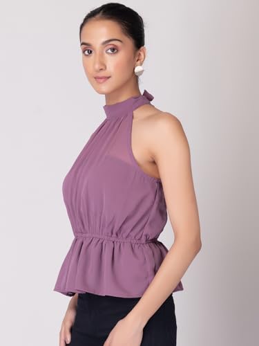 Image of FabAlley Women's Solid Regular Fit Purple Halter Neck Back Tie Up Peplum Blouse