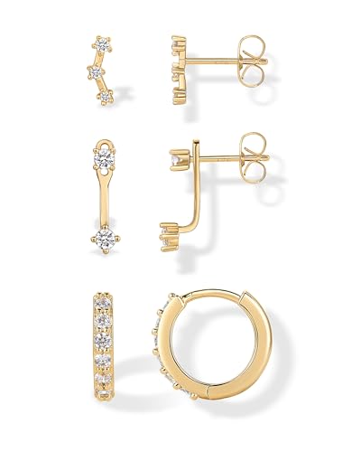PAVOI 18K Gold Plated Sterling Silver Posts Three Pairs Statement Earrings for Women - Cubic Zirconia Gold Earring Pack - Front Back Ear Jacket Crawler Stud Huggie Piercing Jewelry Set