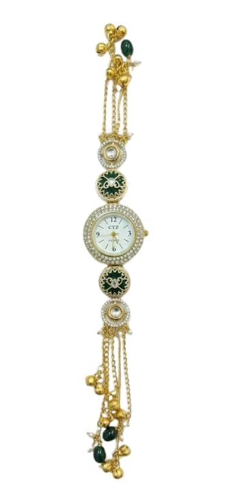 zentaz Ethnic Designer Women’s Analog Watch Gold Plated Bracelet Style with Green Stone, Elegant Party & Wedding-picture-11