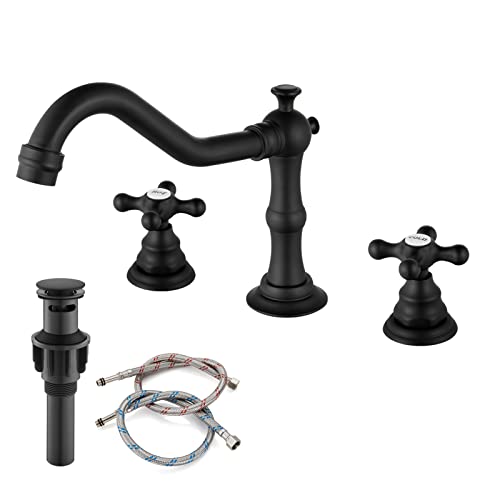 3 Hole Matte Black Bathroom Sink Widespread Faucet Mixing Tap Deck Mount Double Handle Cross Knobs Faucet With Pop Up Drain #TOP24
