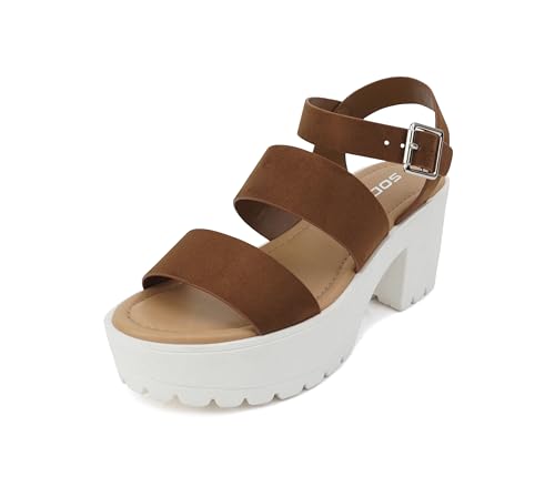 Image of Soda ACCOUNT ~ Women Open Toe Two Bands Lug sole Fashion Block Heel Sandals with Adjustable Ankle Strap