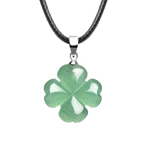 FANASY Natural Green Aventurine Four Leaf Clover Pendant Necklace for Faith Hope Love and Luck Black Rope Chain St. Patrick's Day