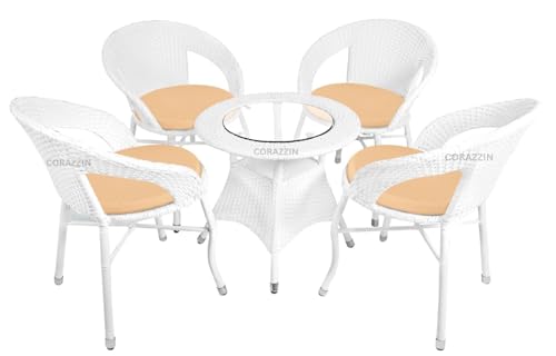 Image of Rattan Wicker Garden Patio Seating Chair and Table Set for Outdoor Balcony Garden Coffee Table Set Furniture with 1 Table and 4 Chairs with Cream Cushion (White)