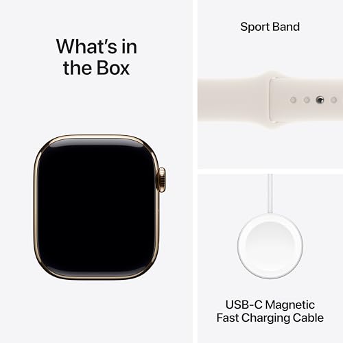 Image of Apple Watch Series 10 [GPS + Cellular 42 mm] Smartwatch with Gold Titanium Case with Starlight Sport Band- M /L. Fitness Tracker, ECG App, Always-On Retina Display, Water Resistant