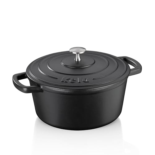 kela Bräter Gusseisen rund 3,8 Liter, Dutch Oven CALIDO, Induktion Gussbräter mit Deckel, Gusseisen Topf Brot backen, emailliert, schwarz