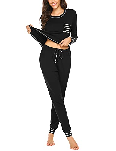 HOTLOOX Conjunto de pijama de manga larga para mujer, cómodo conjunto de dos piezas para dormir con bolsillos, S-XXL, Negro, M Cover