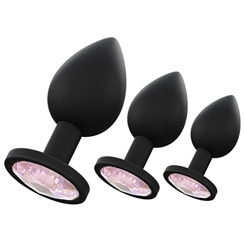 bed geek Juego de 3 Plugs Anales con Diamantes para el Entrenamiento Anal - Kit de Iniciación de Plugs Anales de Silicona Suave con Base Acampanada