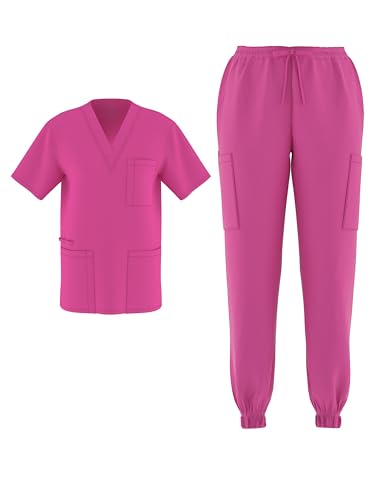 Zam Imports Unisex Men's Women's Joggers Scrub Set Medical Nursing Stretch Flex V-Neck Jogger Scrubs Available in Over 20 Colors (Fuschia, X-Large)