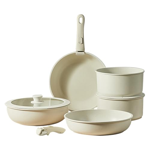 Nonstick Cookware Set for Kitchen - Removable Handle Cooking Pot Collection | Creamy White Stone Cookware Set | Lightweight Dishwasher Safe Cookwares | Stylish Nonstick Cookwares with Aluminum Build