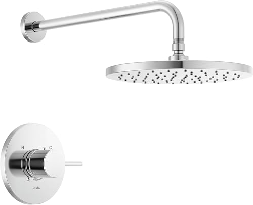 Image of Delta Modern 14 Series Round Rain Shower Faucet Set, Chrome Shower Head and Handle Set, Valve Trim Kit, Chrome T14269-PP (Valve Not Included)