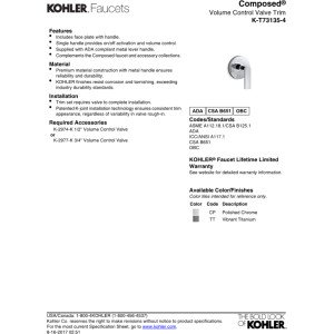 KOHLER K-T73135-4-CP Composed Volume Control Valve Trim with Lever Handle, Valve Not Included, Polished Chrome miniatura 2