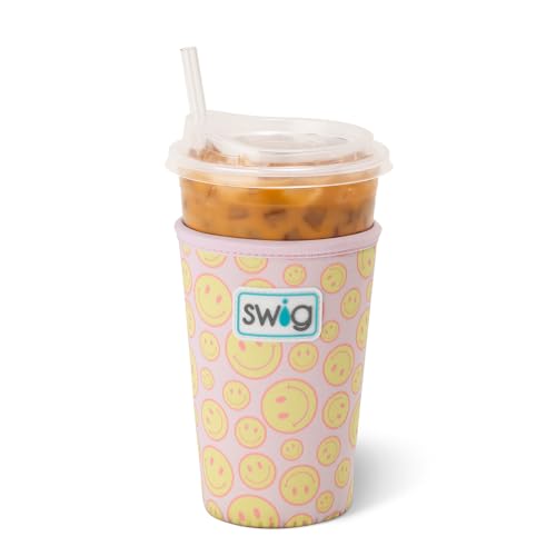 Swig Life Medium Iced Cup Coolie, Standard 22oz Iced Coffee Cup Insulator Sleeve with Handle, Neoprene Insulated Coolie Keeps Drinks Cold (Oh Happy Day)