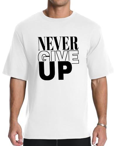 Mens Graphic T-Shirt Short Sleeve Never GIVE UP Slogan Print Summer Top 100% Cotton Casual Tees for Men White